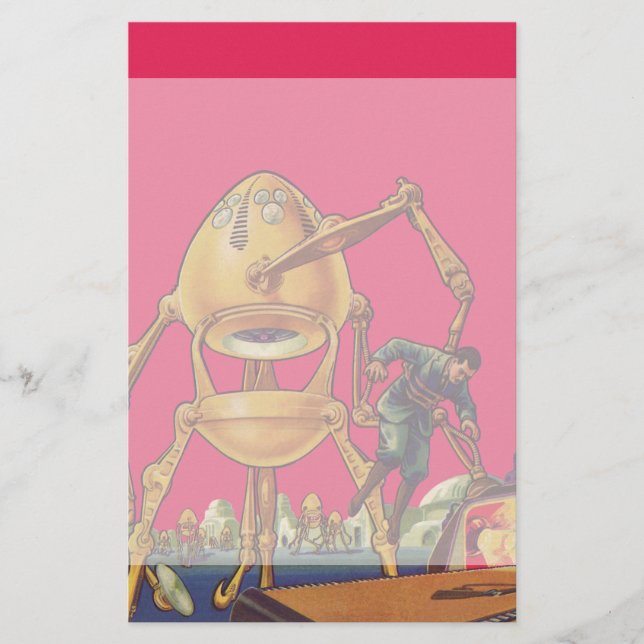 Vintage Science Fiction Alien Robot Captures Man Stationery (Front)