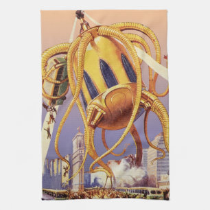 Vintage Science Fiction Alien War Invasion Octopus Tea Towel