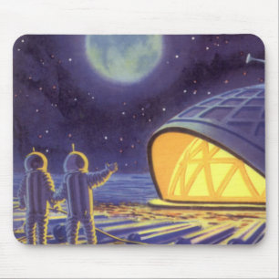 Vintage Science Fiction Aliens on Blue Planet Moon Mouse Mat