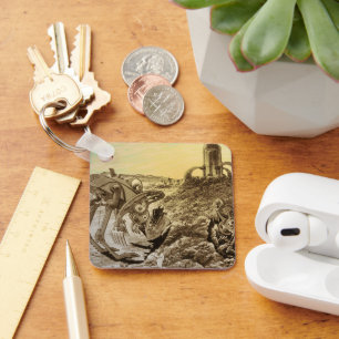Vintage Science Fiction Aliens Planet Construction Key Ring