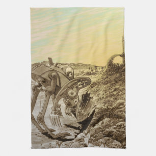 Vintage Science Fiction Aliens Planet Construction Tea Towel