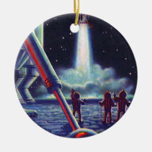 Vintage Science Fiction Aliens Wave to Rocket Ceramic Tree Decoration