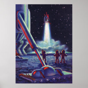 Vintage Science Fiction Aliens Wave to Rocket Poster