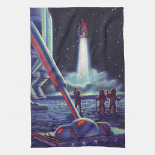 Vintage Science Fiction Aliens Wave to Rocket Tea Towel