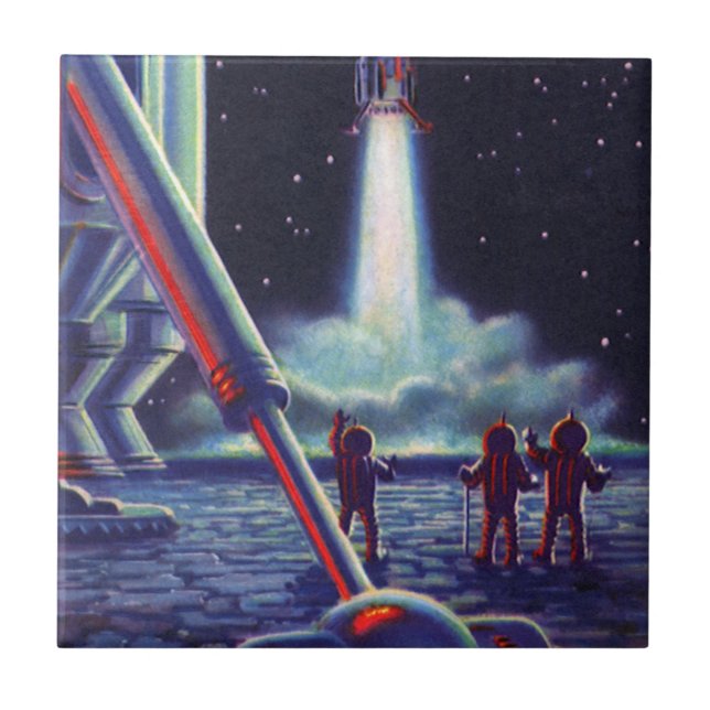 Vintage Science Fiction Aliens Wave to Rocket Tile (Front)