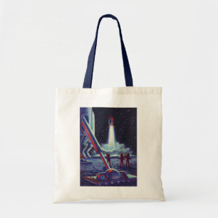 Vintage Science Fiction Aliens Wave to Rocket Tote Bag