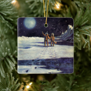 Vintage Science Fiction Astronaut Aliens on Moon Ceramic Ornament