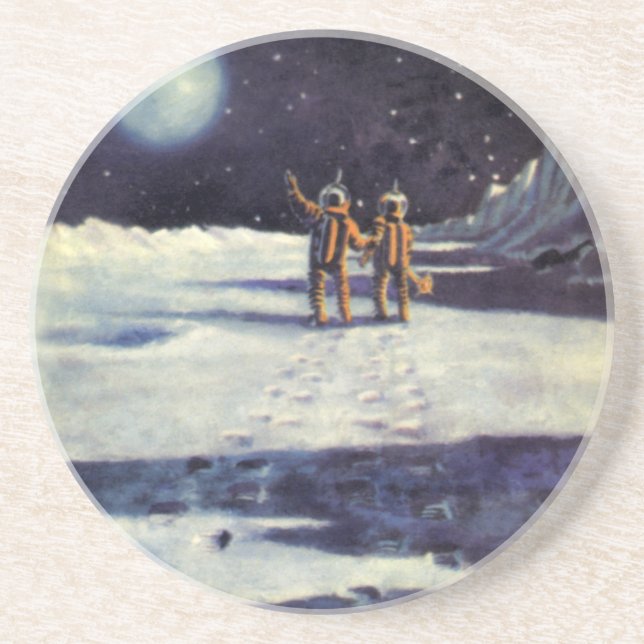 Vintage Science Fiction Astronaut Aliens on Moon Coaster (Front)