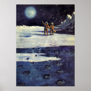 Vintage Science Fiction Astronaut Aliens on Moon Poster