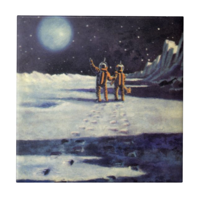 Vintage Science Fiction Astronaut Aliens on Moon Tile (Front)