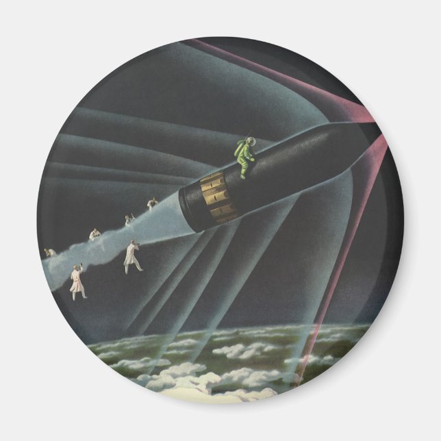 Vintage Science Fiction Astronaut Riding a Rocket Magnet (Front)