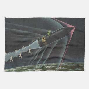 Vintage Science Fiction Astronaut Riding a Rocket Tea Towel