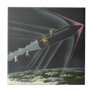 Vintage Science Fiction Astronaut Riding a Rocket Tile