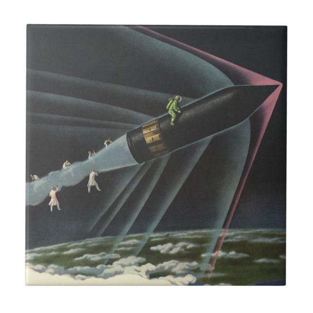 Vintage Science Fiction Astronaut Riding a Rocket Tile (Front)