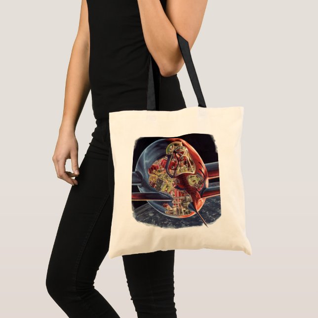 Vintage Science Fiction Astronaut Rocket Spaceship Tote Bag (Front (Product))