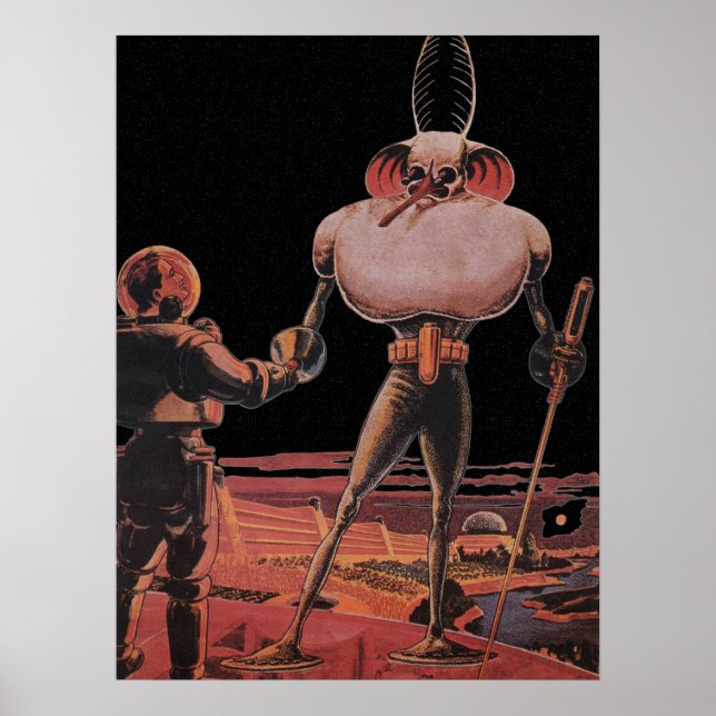 Vintage Science Fiction Astronaut Shake Hand Alien Poster (Front)