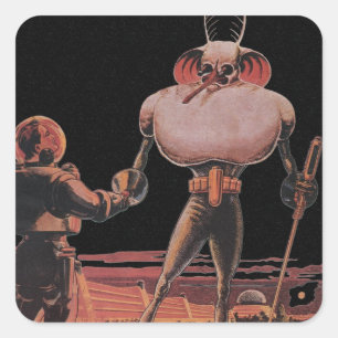Vintage Science Fiction Astronaut Shake Hand Alien Square Sticker