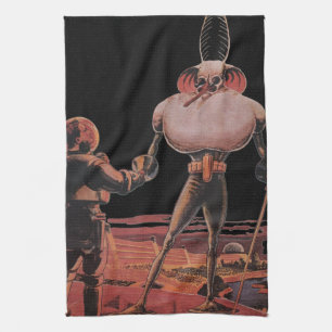 Vintage Science Fiction Astronaut Shake Hand Alien Tea Towel