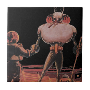 Vintage Science Fiction Astronaut Shake Hand Alien Tile