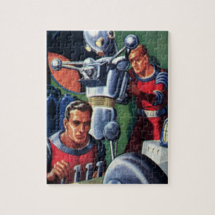 Vintage Science Fiction Astronauts Fixing a Robot Jigsaw Puzzle