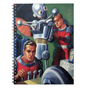 Vintage Science Fiction Astronauts Fixing a Robot Notebook