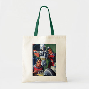 Vintage Science Fiction Astronauts Fixing a Robot Tote Bag