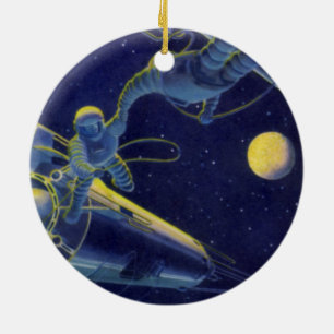 Vintage Science Fiction Astronauts in Outer Space Ceramic Tree Decoration