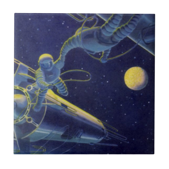 Vintage Science Fiction Astronauts in Outer Space Tile (Front)