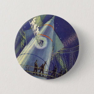 Vintage Science Fiction Astronauts on Rocket Ship 6 Cm Round Badge