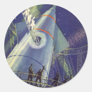 Vintage Science Fiction Astronauts on Rocket Ship Classic Round Sticker