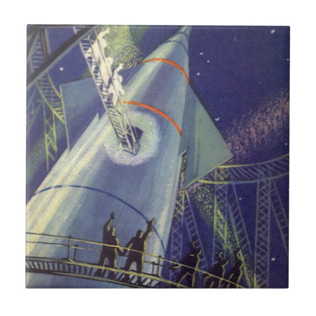 Vintage Science Fiction Astronauts on Rocket Ship Tile (Front)