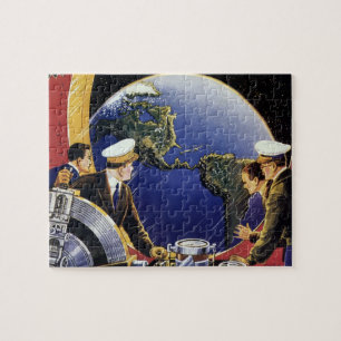 Vintage Science Fiction Astronauts Orbiting Earth Jigsaw Puzzle
