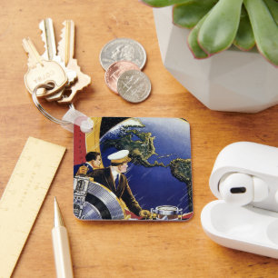 Vintage Science Fiction Astronauts Orbiting Earth Key Ring