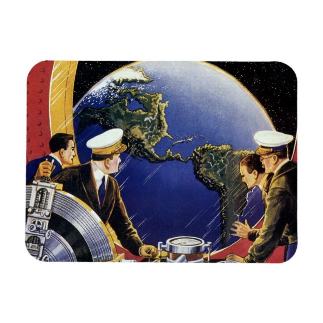 Vintage Science Fiction Astronauts Orbiting Earth Magnet (Horizontal)