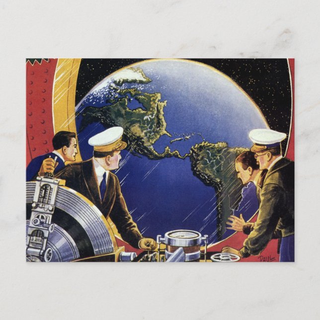 Vintage Science Fiction Astronauts Orbiting Earth Postcard (Front)