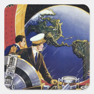 Vintage Science Fiction Astronauts Orbiting Earth Square Sticker