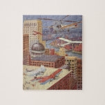 Vintage Science Fiction City, Victorian Steam Punk Jigsaw Puzzle<br><div class="desc">Vintage illustration steam punk Victorian Science Fiction futuristic city image. The urban metropolis city of Paris,  France in the future with flying cars,  helicopters and planes for travel and transportation. This steampunk scene includes buildings and the Seine river in the background.</div>