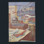 Vintage Science Fiction City, Victorian Steam Punk Tea Towel<br><div class="desc">Vintage illustration steam punk Victorian Science Fiction futuristic city image. The urban metropolis city of Paris,  France in the future with flying cars,  helicopters and planes for travel and transportation. This steampunk scene includes buildings and the Seine river in the background.</div>