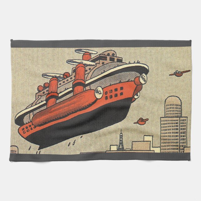 Vintage Science Fiction Cruise Ship Helicopter Tea Towel (Horizontal)