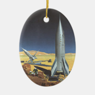 Vintage Science Fiction Desert Planet with Rockets Ceramic Tree Decoration
