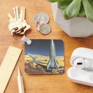 Vintage Science Fiction Desert Planet with Rockets Key Ring
