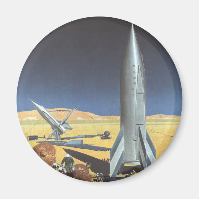 Vintage Science Fiction Desert Planet with Rockets Magnet (Front)