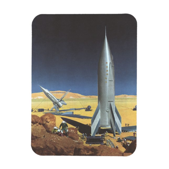 Vintage Science Fiction Desert Planet with Rockets Magnet (Vertical)