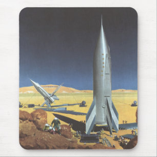 Vintage Science Fiction Desert Planet with Rockets Mouse Mat