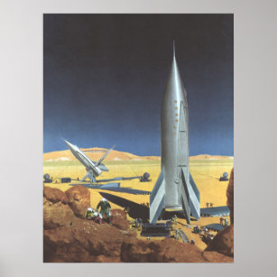 Vintage Science Fiction Desert Planet with Rockets Poster