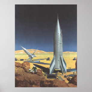 Vintage Science Fiction Desert Planet with Rockets Poster