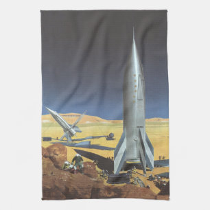 Vintage Science Fiction Desert Planet with Rockets Tea Towel