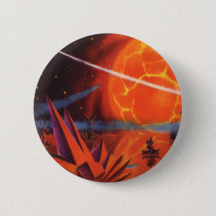 Vintage Science Fiction, Fiery Fire Sci Fi Planet 6 Cm Round Badge