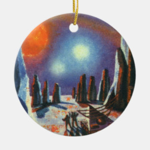 Vintage Science Fiction Foreign Planet with Aliens Ceramic Tree Decoration