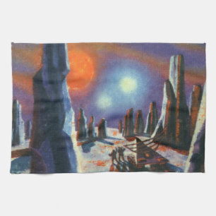 Vintage Science Fiction Foreign Planet with Aliens Tea Towel